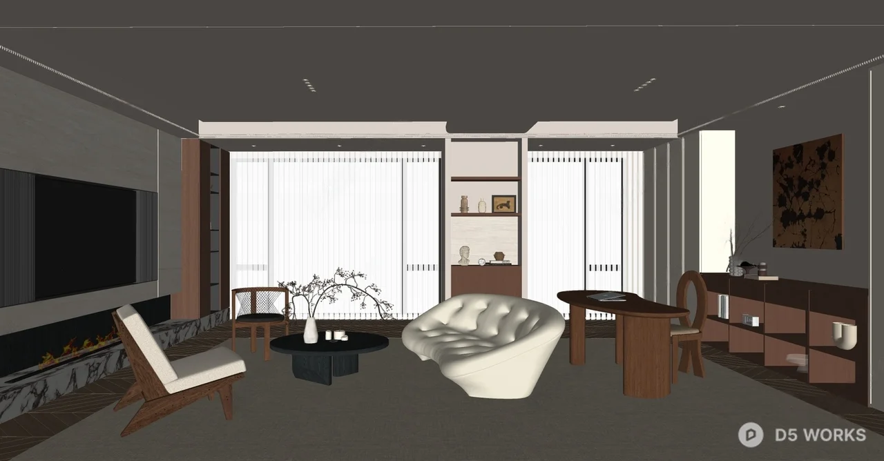 Mid Century Modern Living Dining Space 3d model thumbnail 2