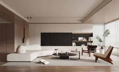 Minimalist Living Room With Modular Sofa And Wooden Accent Chair 3d model