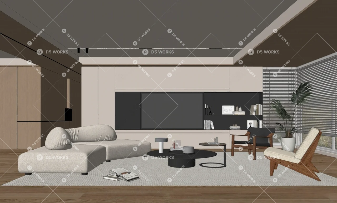 Minimalist Living Room With Modular Sofa And Wooden Accent Chair 3d model thumbnail 2