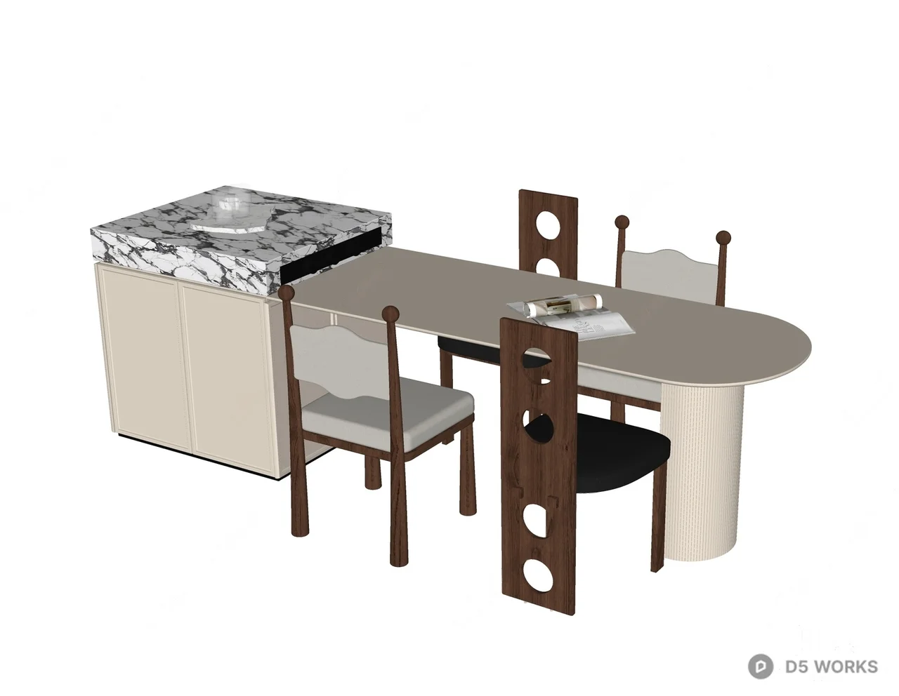Marble Top Dining Table With Integrated Side Cabinet 3d model thumbnail 2