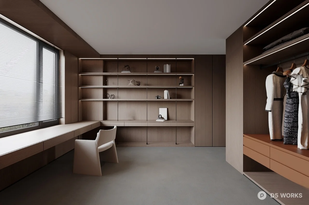 Minimalist Walk In Closet With Built In Desk 3d model thumbnail 3