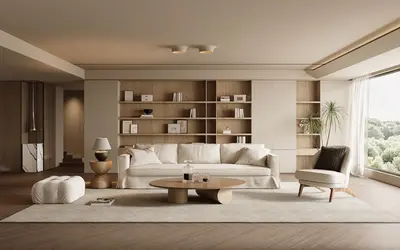 Minimalist Villa Living Room with Bookshelf Wall 3d model