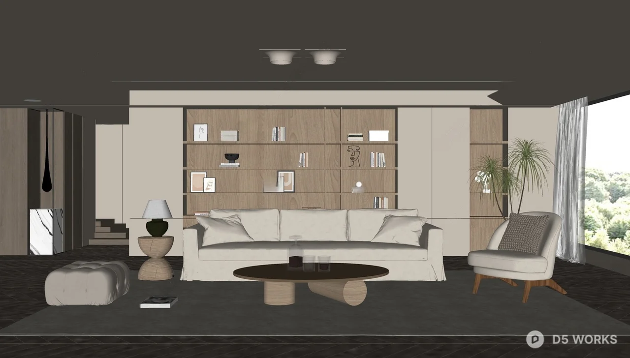 Minimalist Villa Living Room with Bookshelf Wall 3d model thumbnail 2