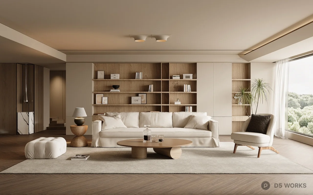 Minimalist Villa Living Room with Bookshelf Wall 3d model - Image 1