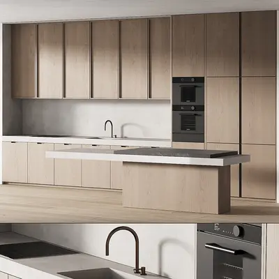 Minimalist Open Kitchen With Light Wood Cabinetry 3d model