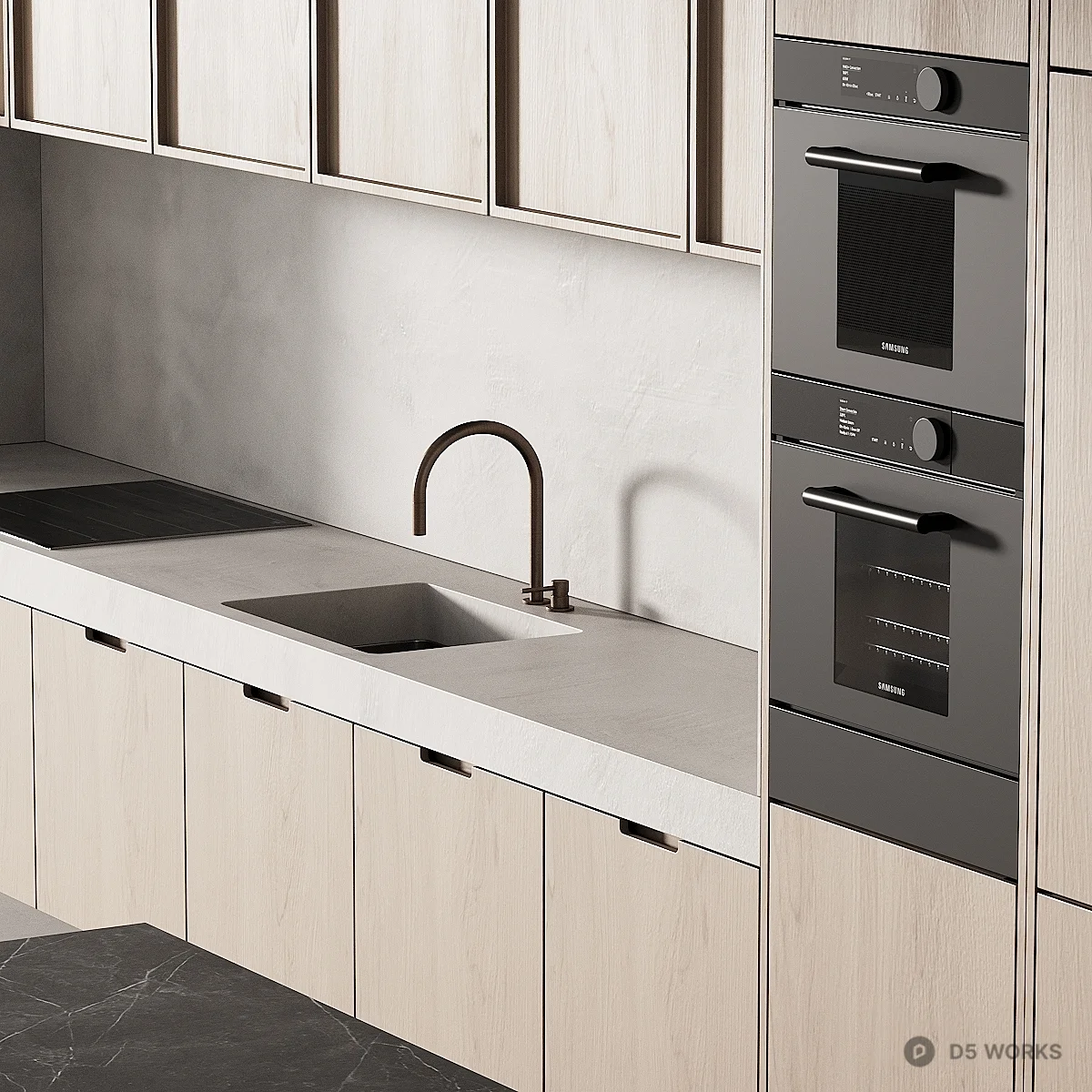 Minimalist Open Kitchen With Light Wood Cabinetry 3d model thumbnail 3