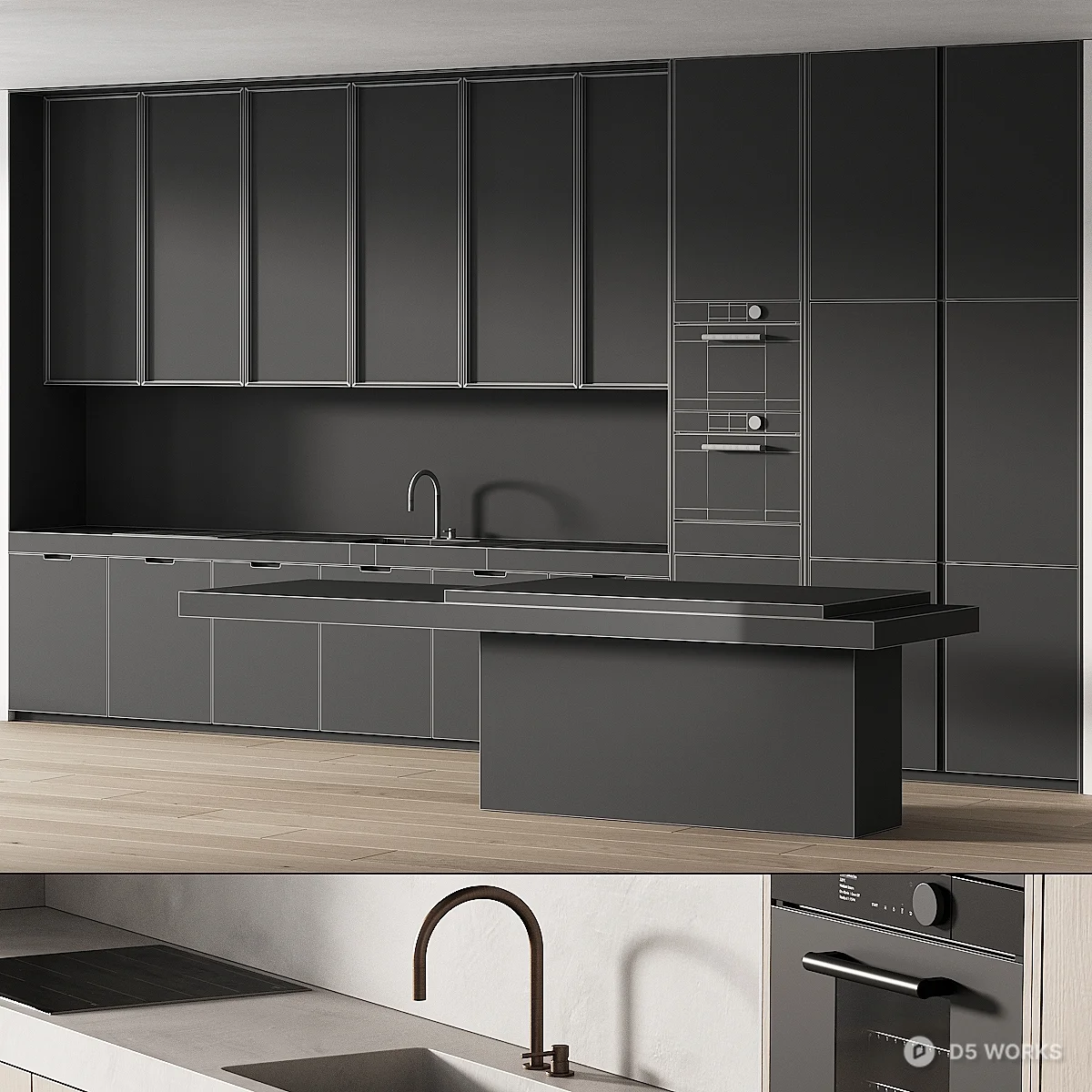 Minimalist Open Kitchen With Light Wood Cabinetry 3d model thumbnail 6