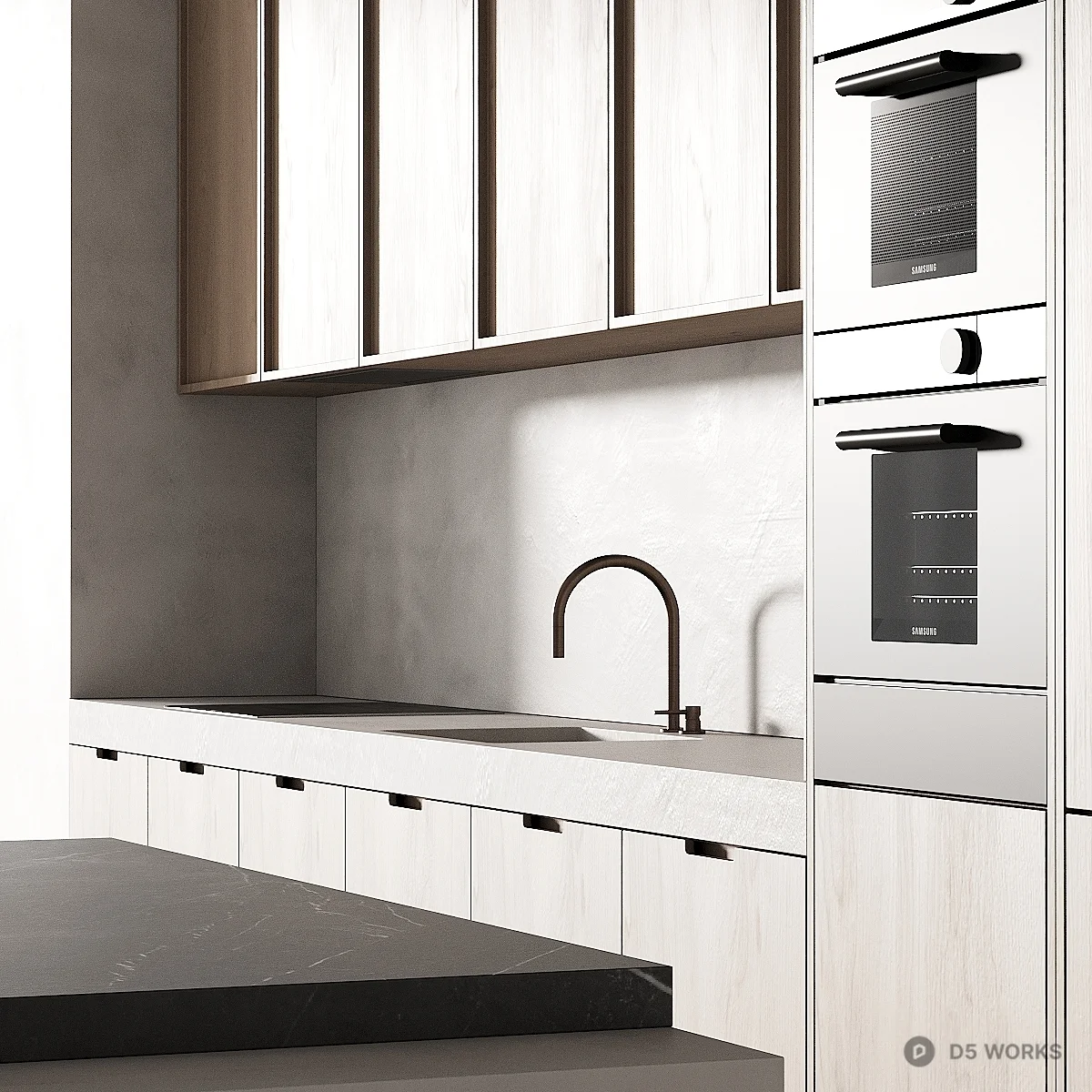 Minimalist Open Kitchen With Light Wood Cabinetry 3d model thumbnail 5