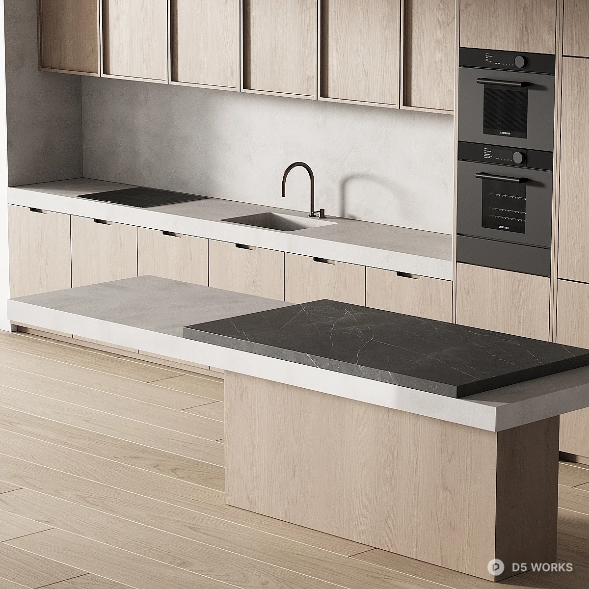 Minimalist Open Kitchen With Light Wood Cabinetry 3d model thumbnail 4