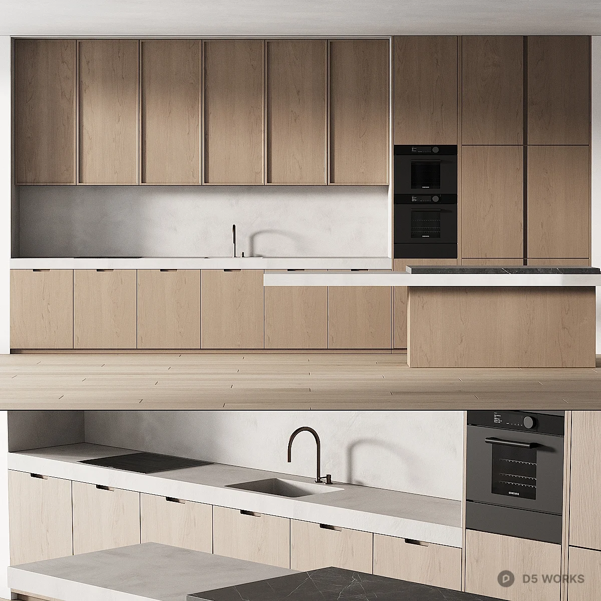 Minimalist Open Kitchen With Light Wood Cabinetry 3d model thumbnail 2