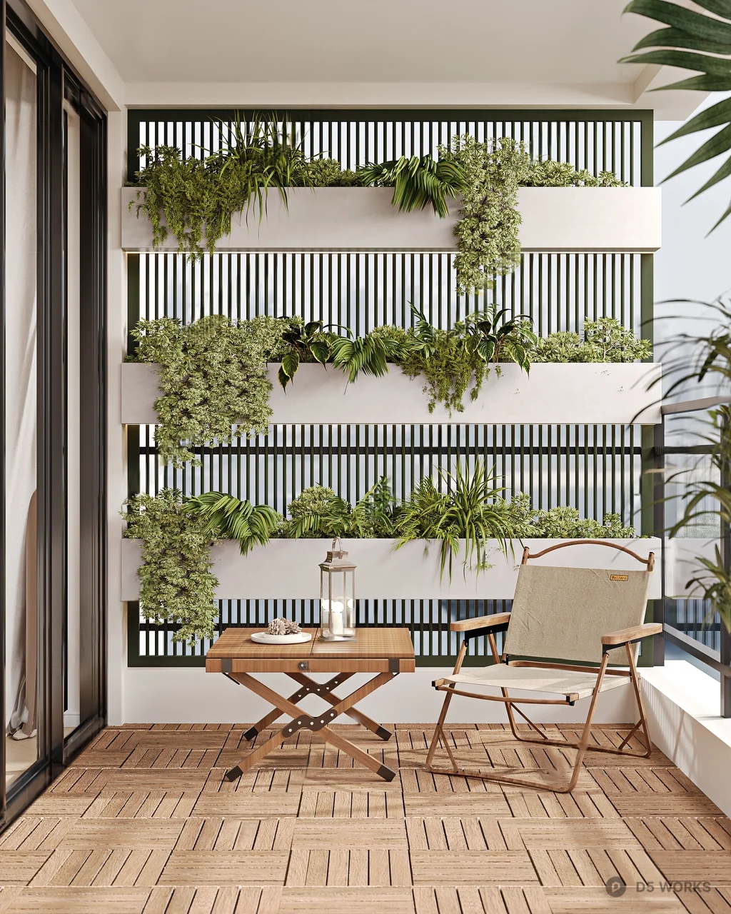 Minimalist Balcony with Vertical Greenery and Wooden Flooring 3d model - Image 1