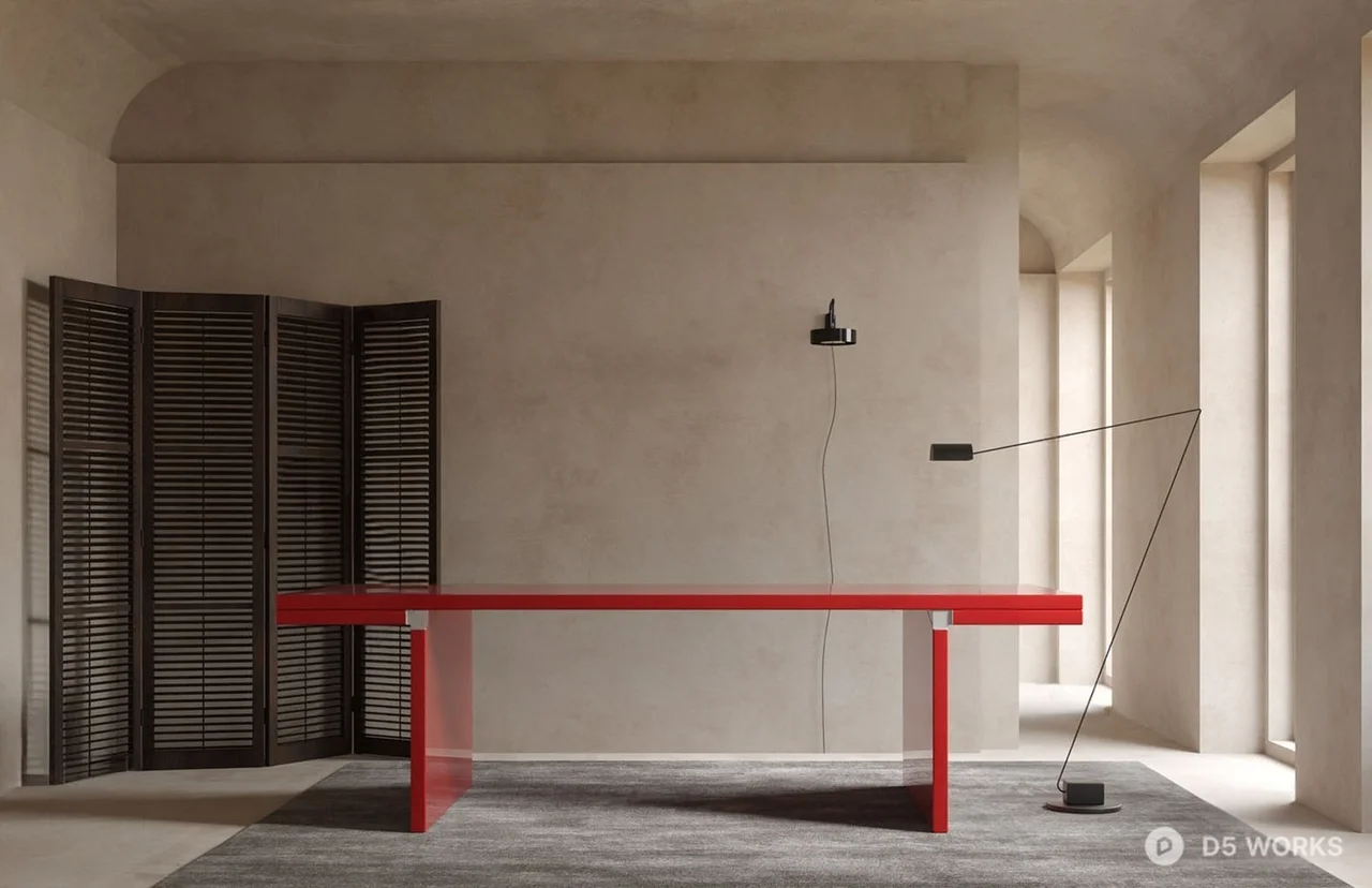 Minimalist Study Space with Red Desk 3d model - Image 1