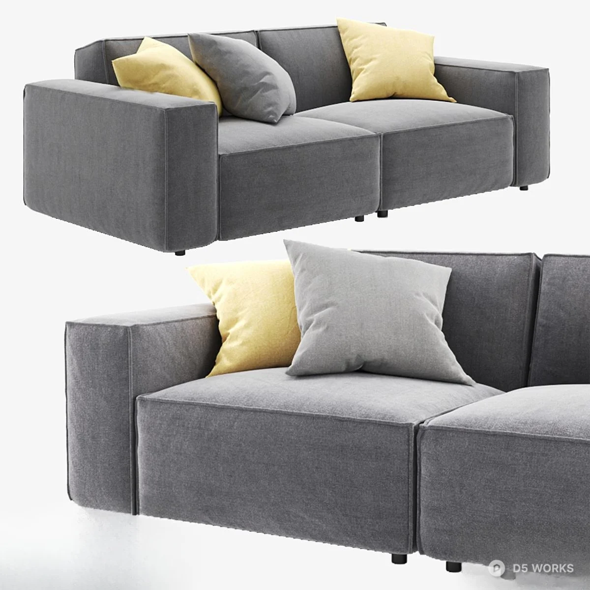 Modern Gray Fabric Three-Seater Sofa With Yellow And Gray Cushions 3d model thumbnail 2