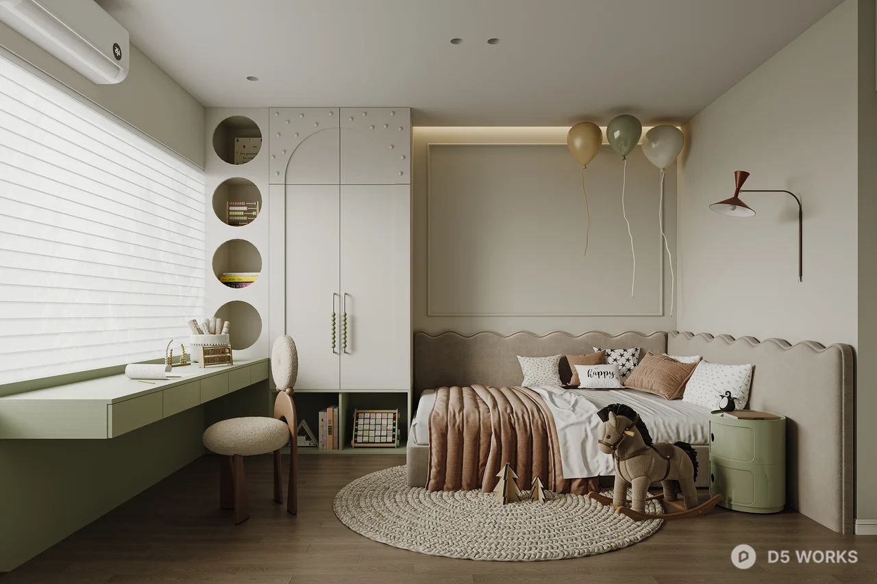 Minimalist Children's Bedroom With Integrated Study Desk And Play Area 3d model - Image 1
