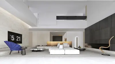 Minimalist Villa Living Room with Sculptural Chairs 3d model