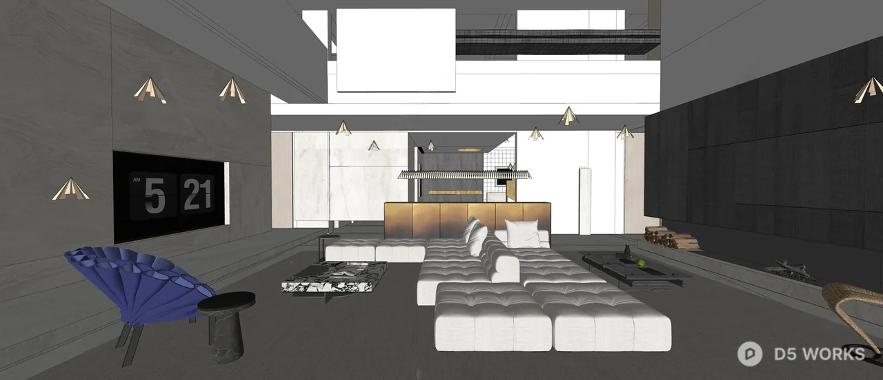 Minimalist Villa Living Room with Sculptural Chairs 3d model thumbnail 2