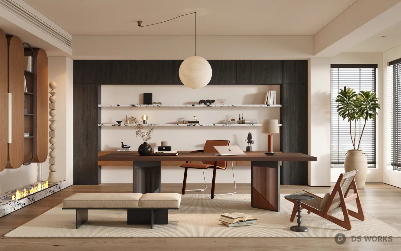 Mid Century Modern Study Room with Minimalist Shelving 3d model - Image 1