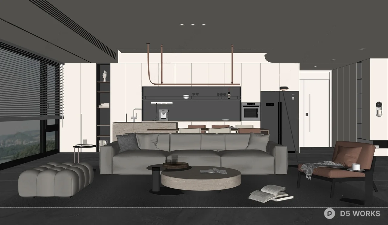 Minimalist Open Plan Living Dining Space 3d model thumbnail 2
