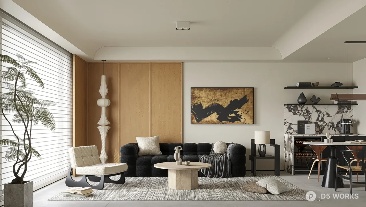 Mid Century Modern Living Room with Minimalist Decor 3d model - Image 1