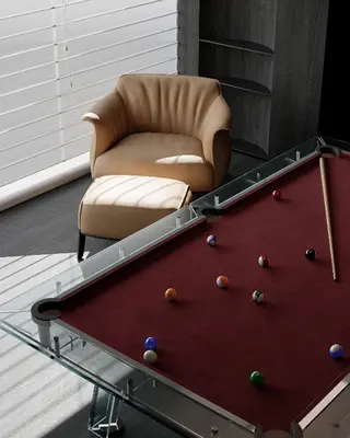 Modern Billiards Room With Leather Armchair And Glass Rail 3d model