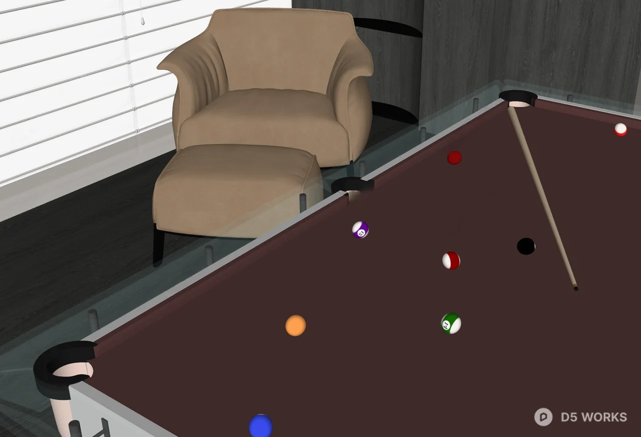 Modern Billiards Room With Leather Armchair And Glass Rail 3d model thumbnail 2