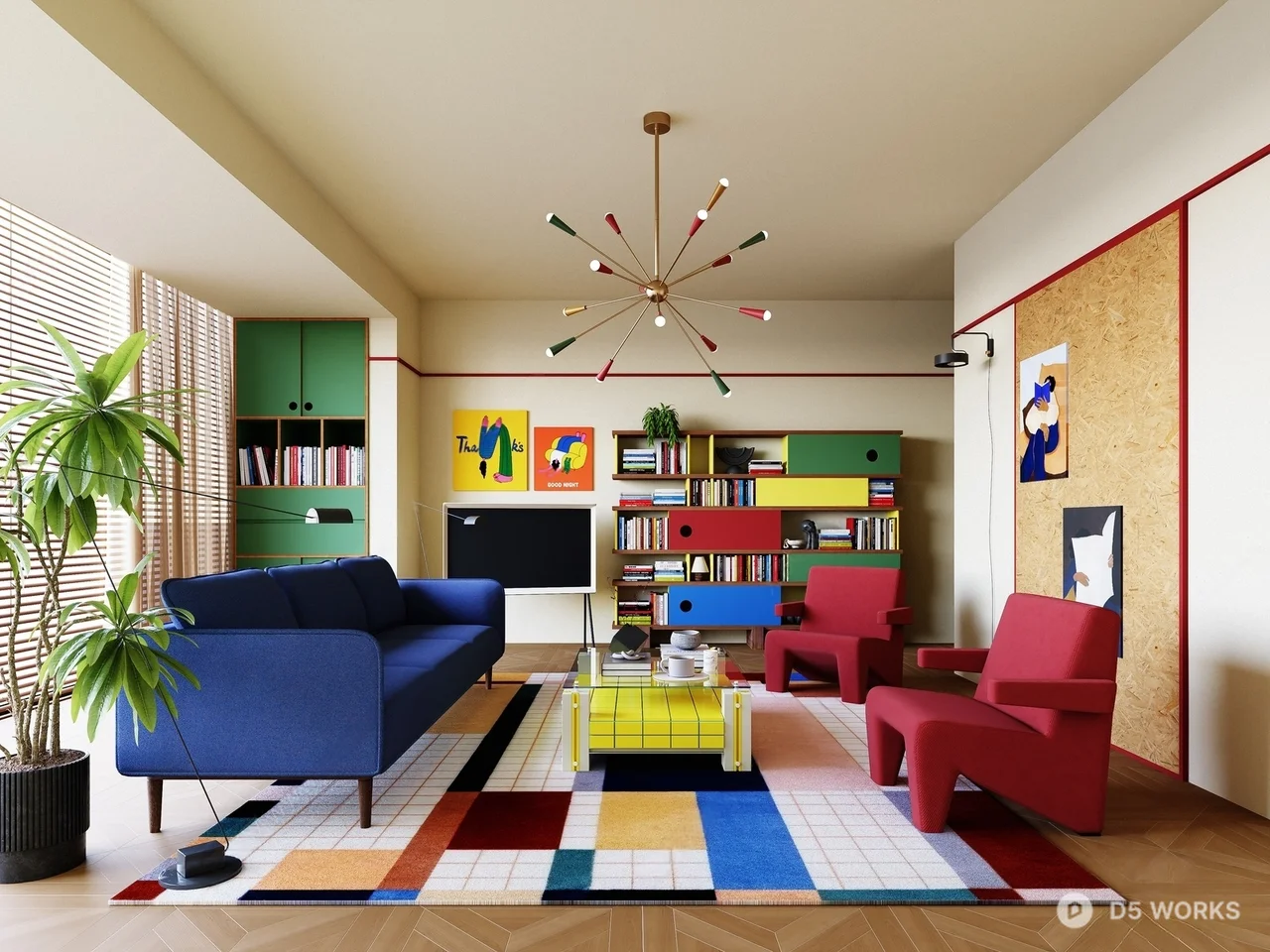 Modern Living Room With Colorful Rug And Statement Chandelier 3d model - Image 1
