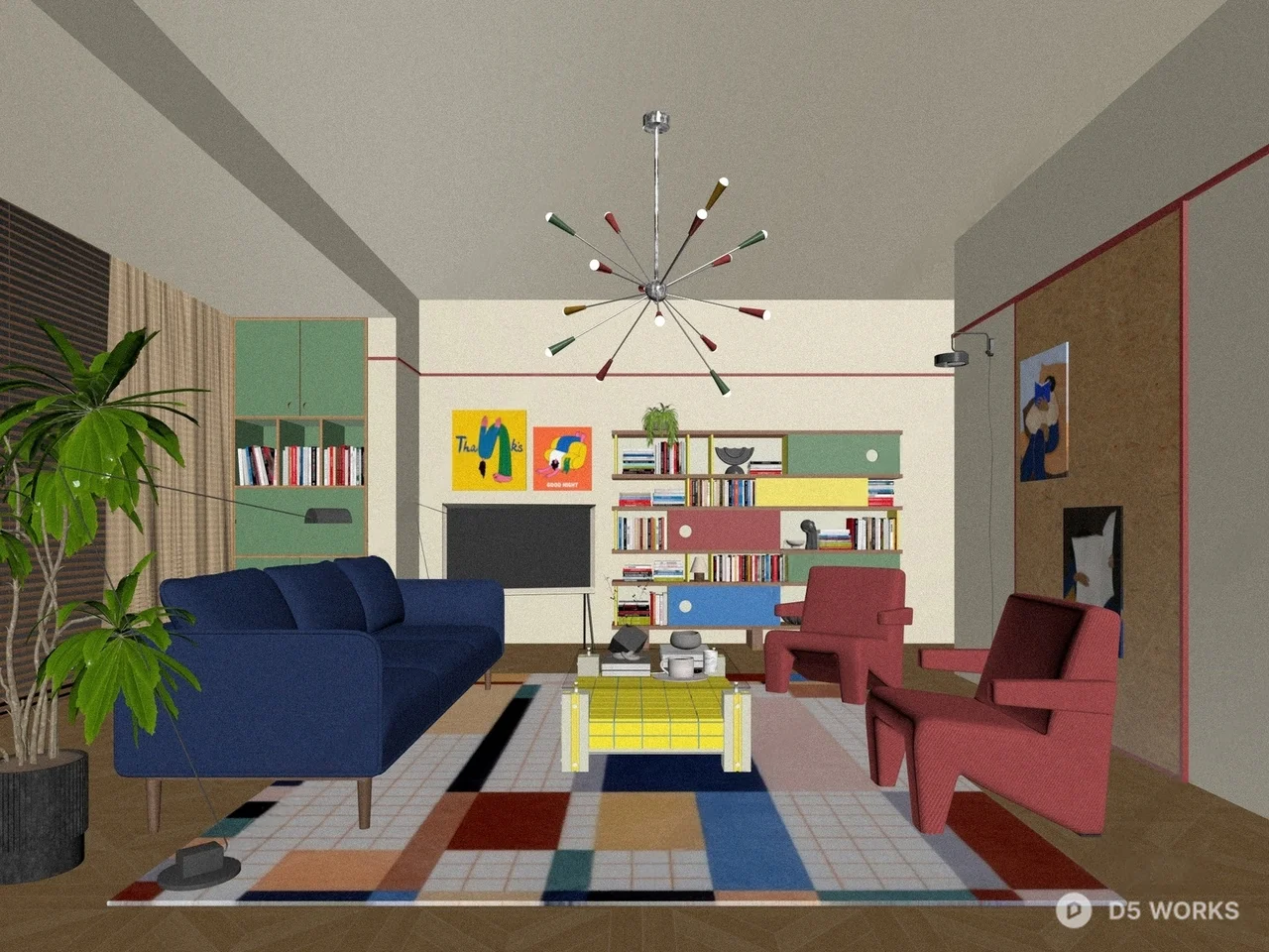 Modern Living Room With Colorful Rug And Statement Chandelier 3d model thumbnail 2
