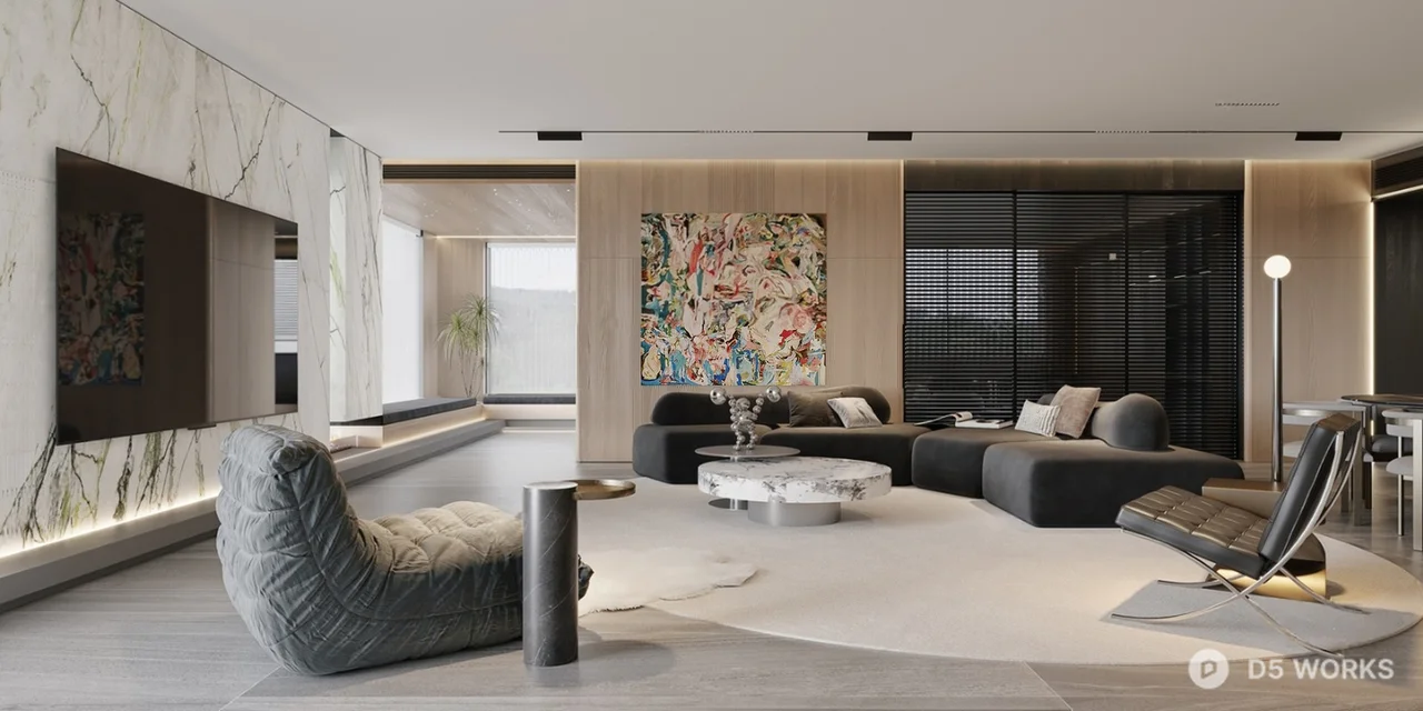 Modern Minimalist Living Room with Art Wall 3d model - Image 1