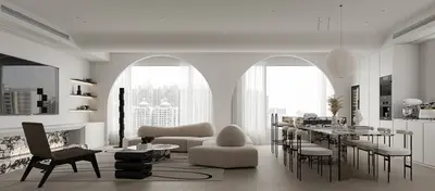 Minimalist Living Dining Space With Arched Windows 3d model