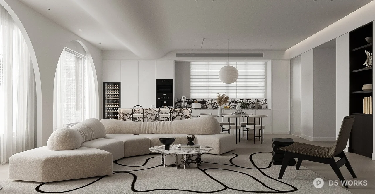 Minimalist Living Dining Space With Arched Windows 3d model thumbnail 2