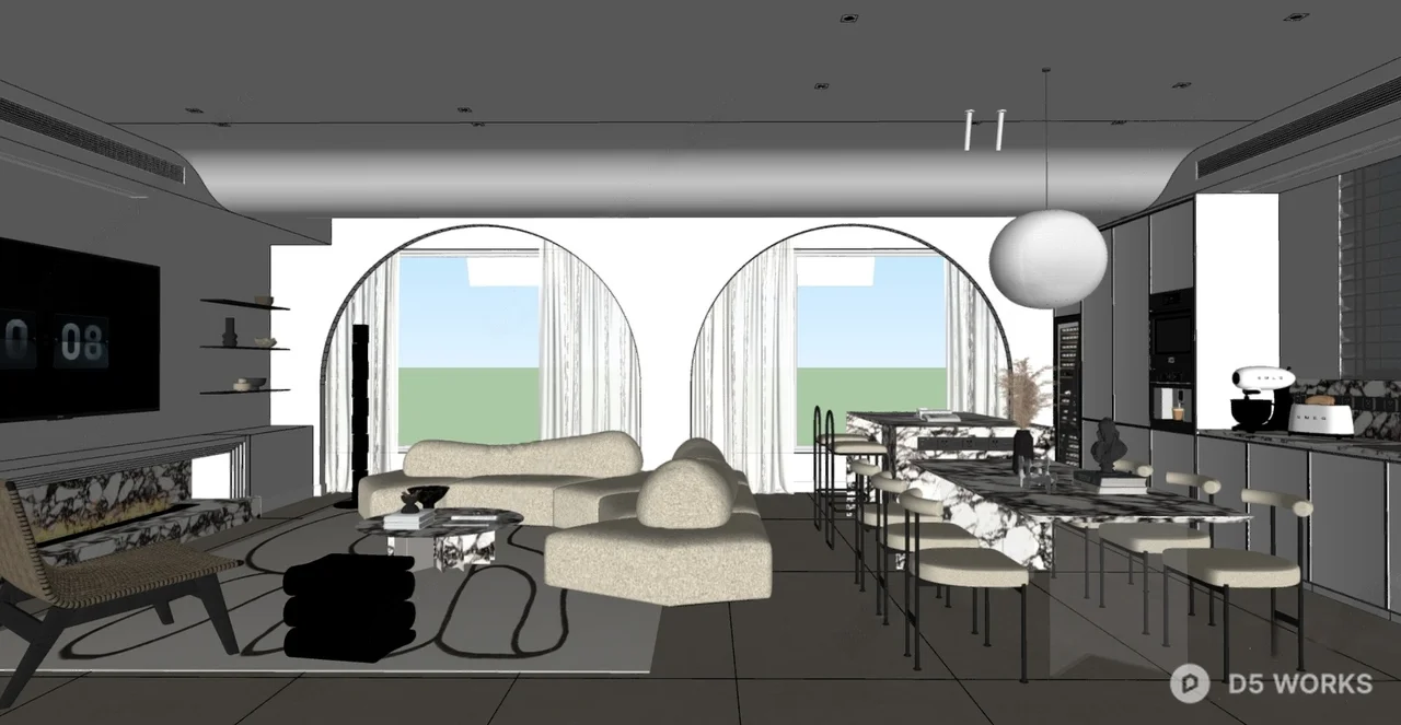 Minimalist Living Dining Space With Arched Windows 3d model thumbnail 3