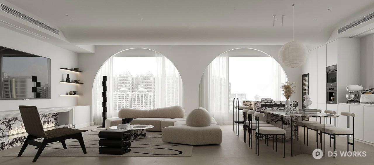 Minimalist Living Dining Space With Arched Windows 3d model - Image 1
