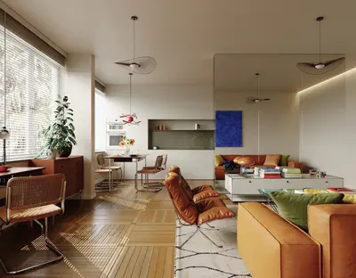 Modern Living Room with Leather Sofa and Wooden Flooring 3d model