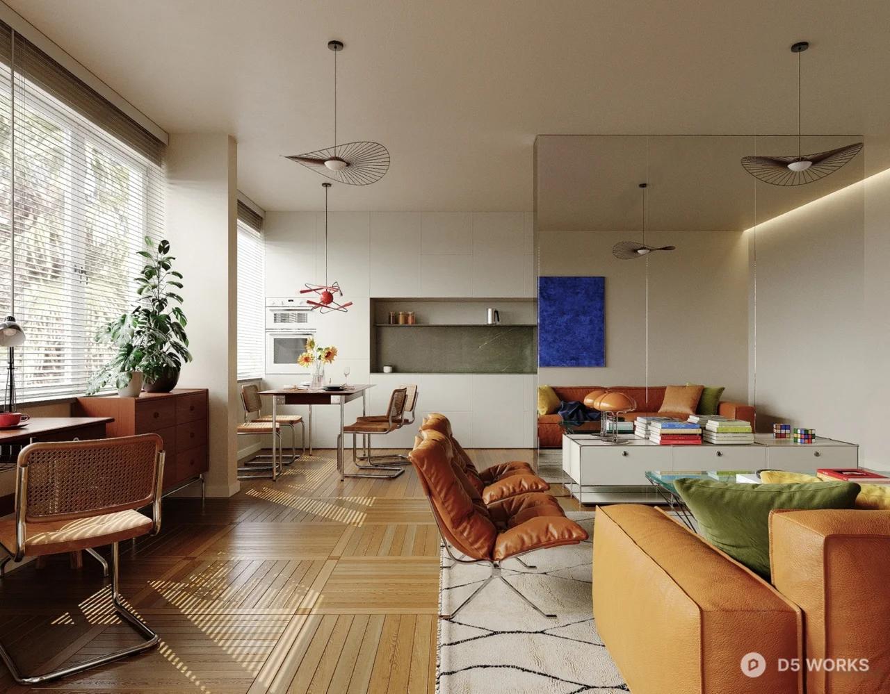 Modern Living Room with Leather Sofa and Wooden Flooring 3d model - Image 1