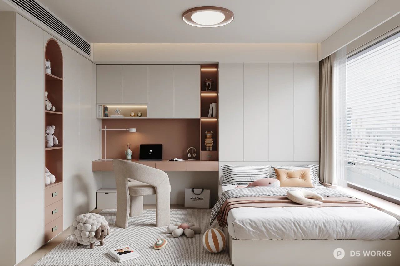 Pastel Minimalist Girl's Bedroom with Integrated Study Area 3d model - Image 1