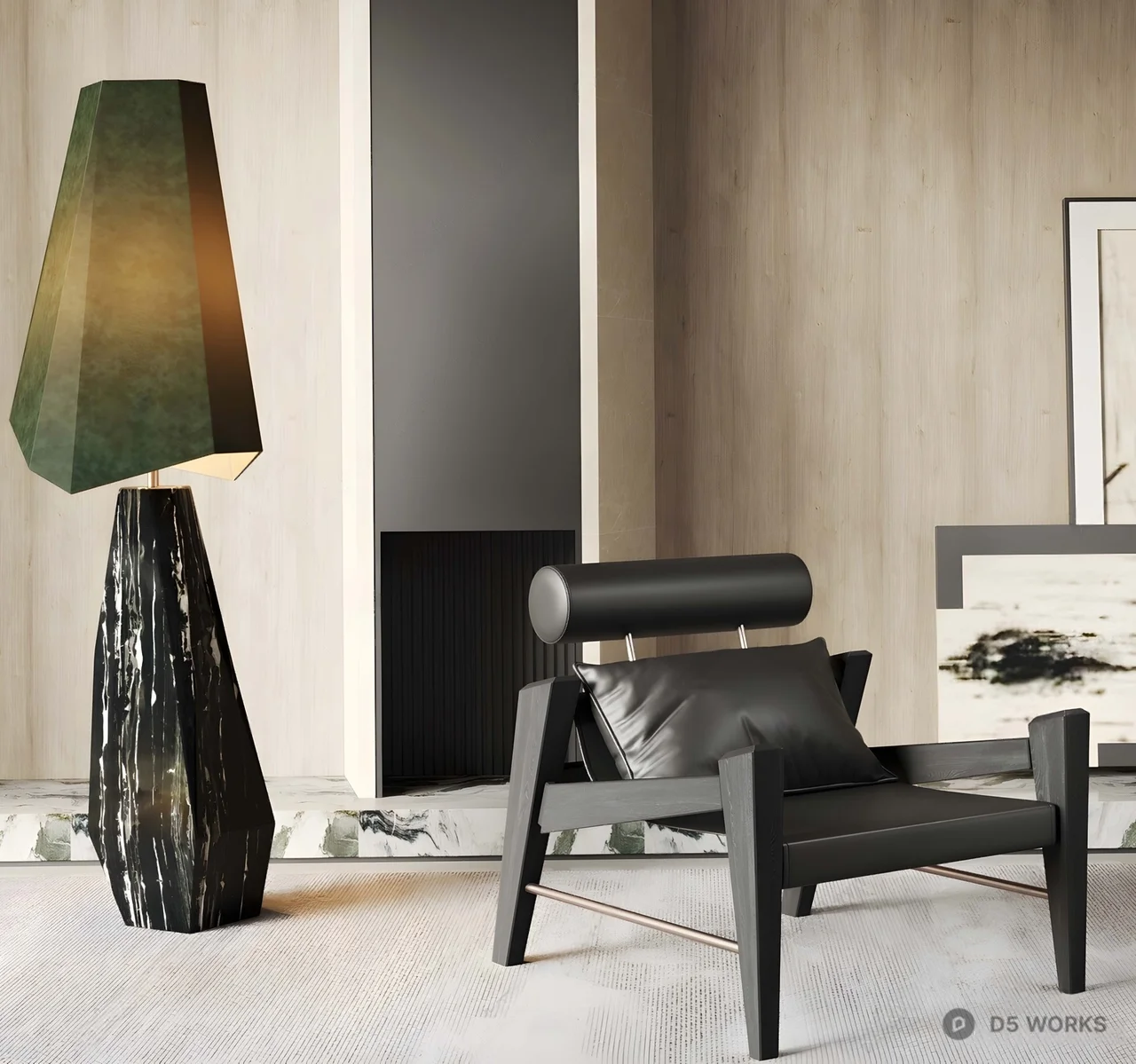 Sculptural Black Leather Lounge Chair With Metal Frame 3d model - Image 1