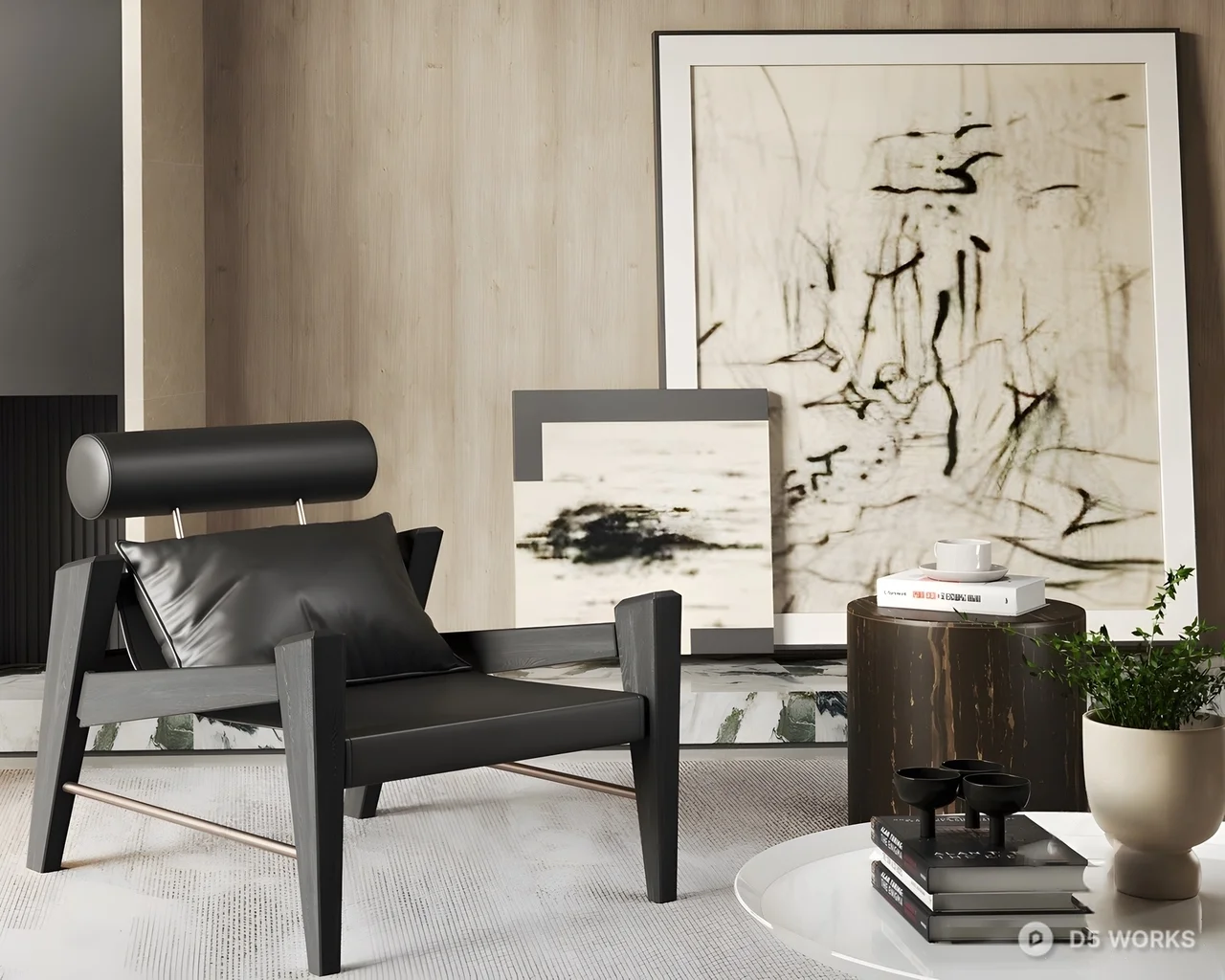 Sculptural Black Leather Lounge Chair With Metal Frame 3d model thumbnail 2