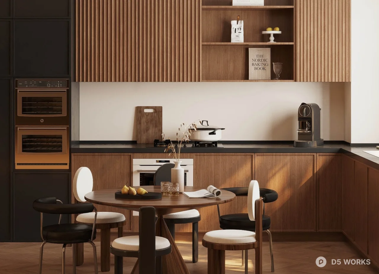 Minimalist Open Kitchen with Wooden Cabinetry 3d model - Image 1
