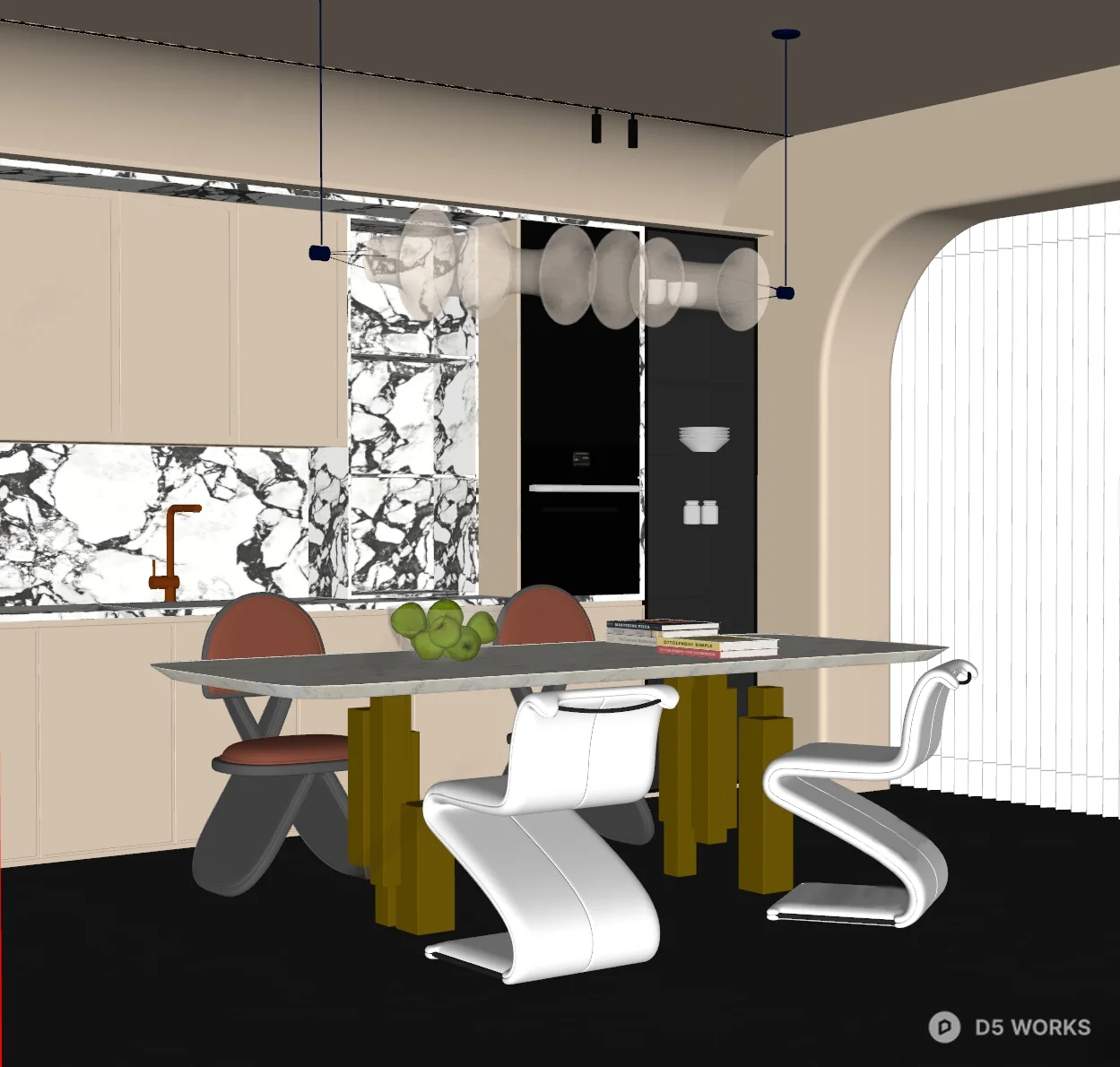 Minimalist Dining Room With Sculptural Chairs And Marble Backsplash 3d model thumbnail 2