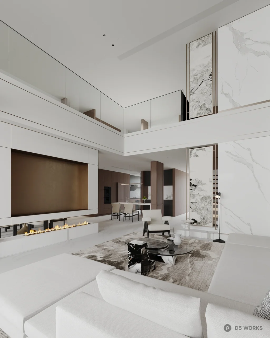 Minimalist Villa Living Room with Wood Panel Accent Wall 3d model thumbnail 3