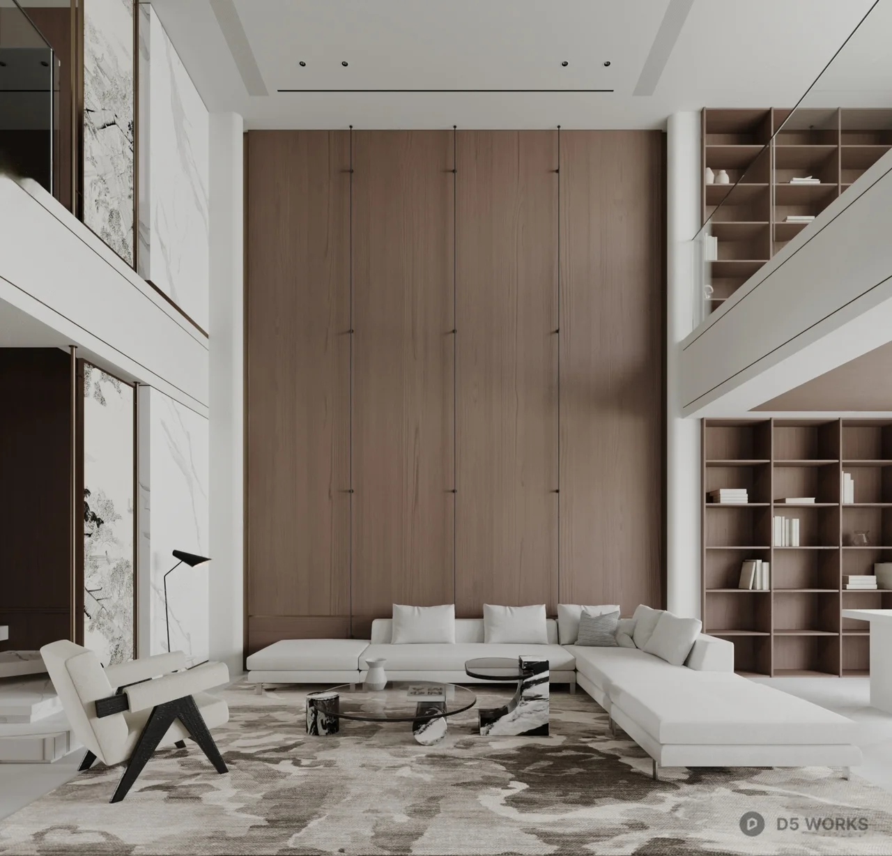 Minimalist Villa Living Room with Wood Panel Accent Wall 3d model - Image 1