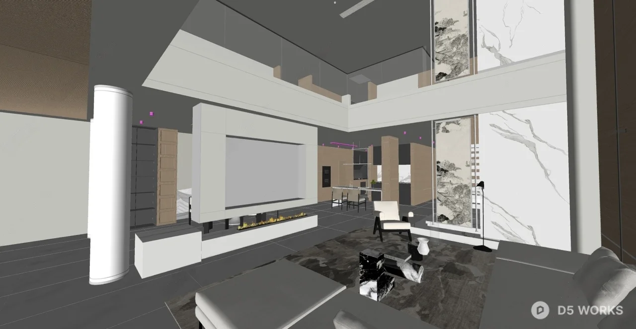 Minimalist Villa Living Room with Wood Panel Accent Wall 3d model thumbnail 2
