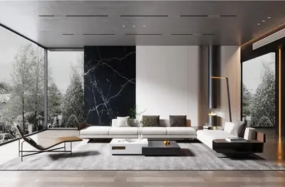 Modern Minimalist Living Room with Marble Accent Wall 3d model