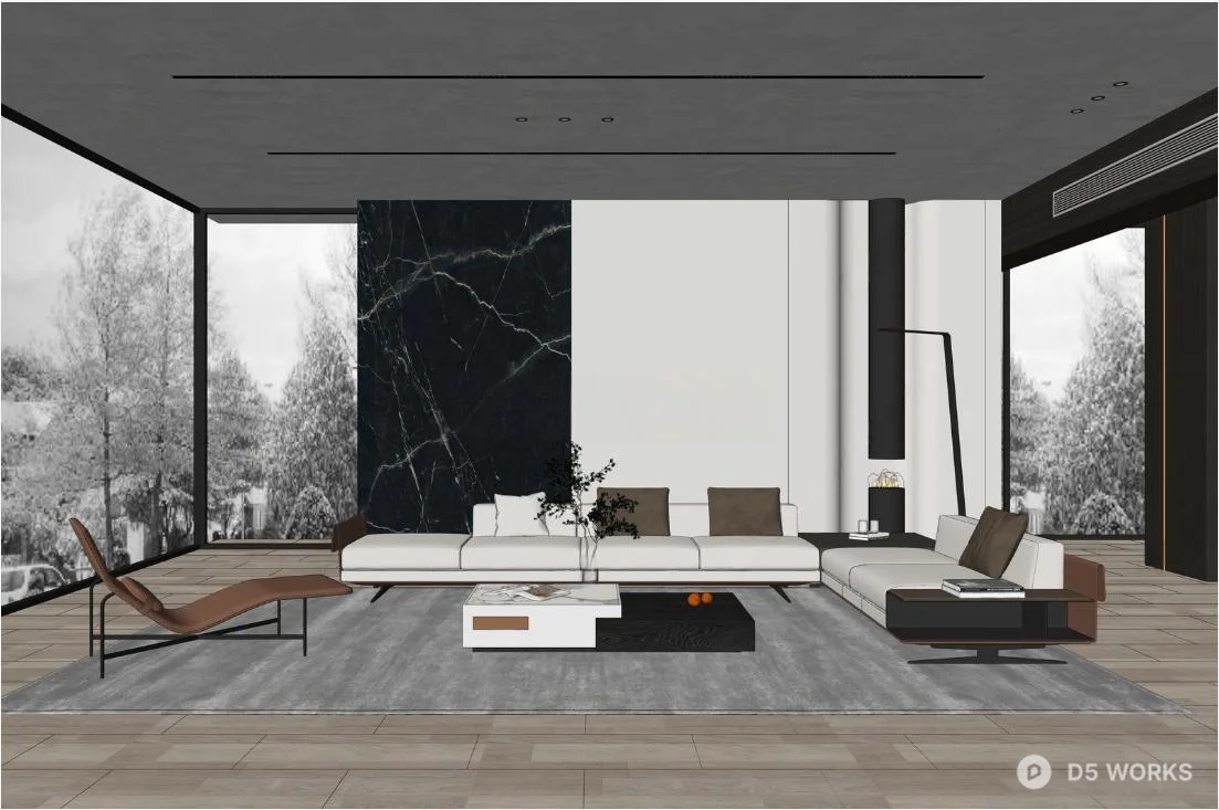 Modern Minimalist Living Room with Marble Accent Wall 3d model thumbnail 2