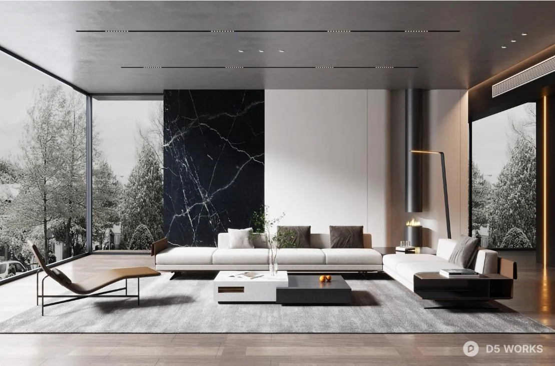 Modern Minimalist Living Room with Marble Accent Wall 3d model - Image 1