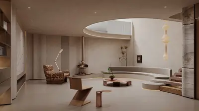 Minimalist Villa Living Room with Curved Architecture 3d model