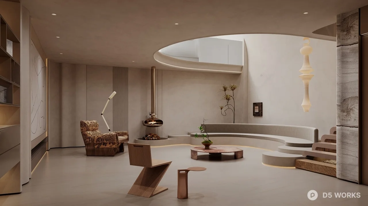 Minimalist Villa Living Room with Curved Architecture 3d model - Image 1