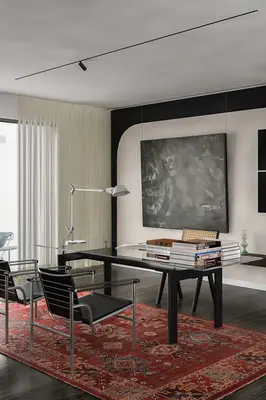 Modern Study With Glass Desk And Red Rug 3d model