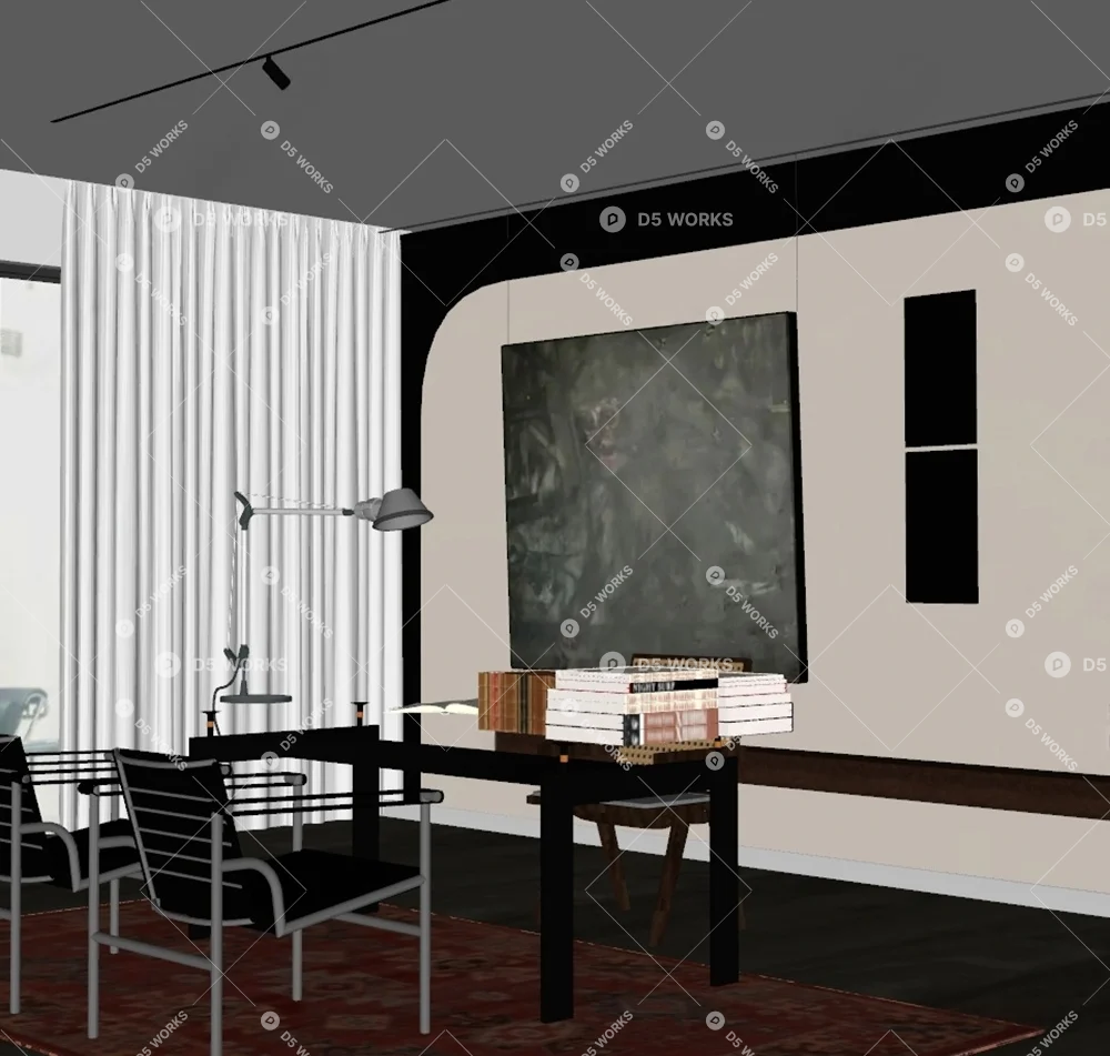 Modern Study With Glass Desk And Red Rug 3d model thumbnail 2
