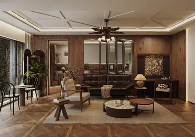 Warm Wooden Living Room with Leather Sofa 3d model